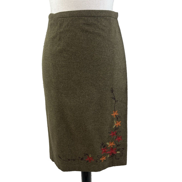 Ann Taylor Skirt size 8 Olive Green Wool Knee A Line Wrap Floral Embroidery Slim - Picture 1 of 10